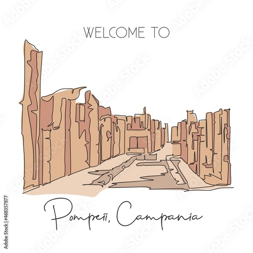 One continuous line drawing Pompeii classical Roman city landmark. Historical skyline at Naples, Italy. Holiday vacation wall decor poster concept. Trendy single line draw design vector illustration