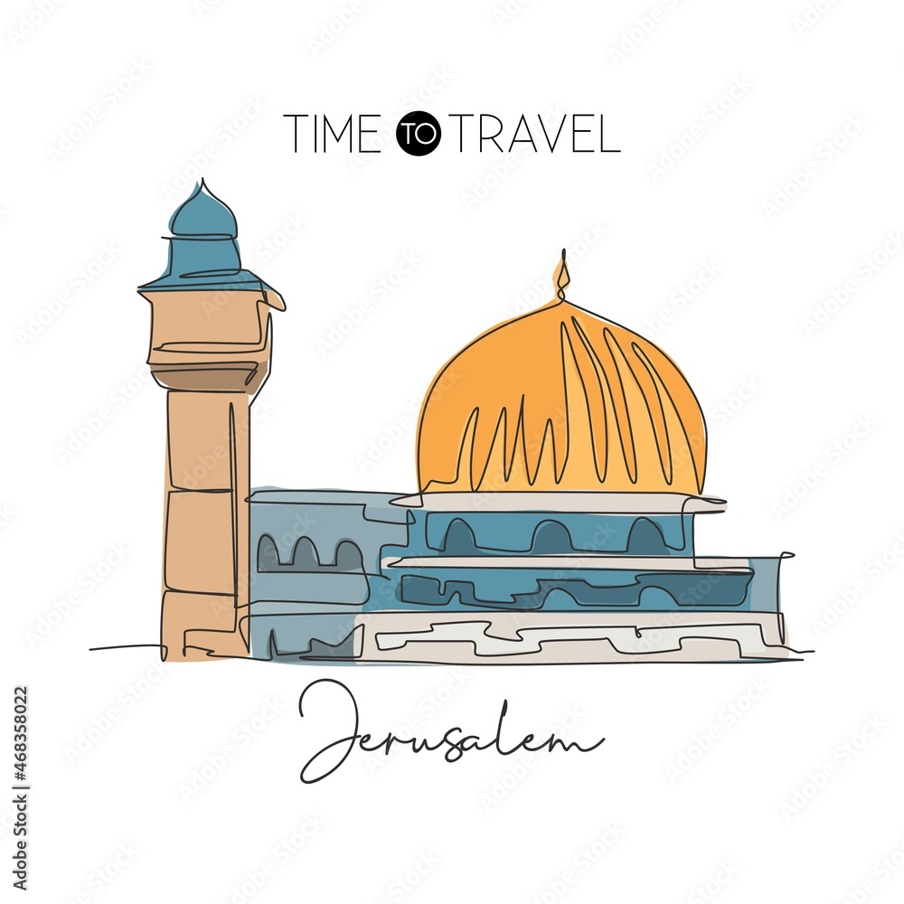 One single line drawing Al Aqsa mosque landmark. Famous iconic in ...