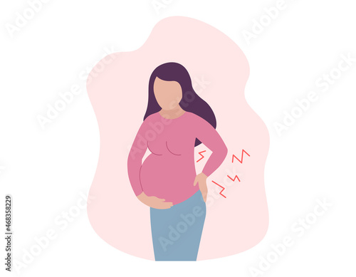 Backache during pregnancy. Pregnant woman suffering from lower back pain. Spinal discomfort. Vector concept illustration