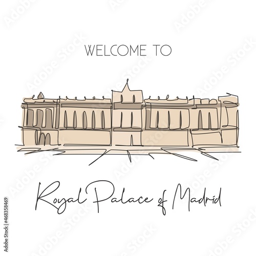Single continuous line drawing Royal Palace of Madrid landmark. Beautiful famous place in Madrid Spain. World travel home wall decor poster art concept. Simple one line draw design vector illustration