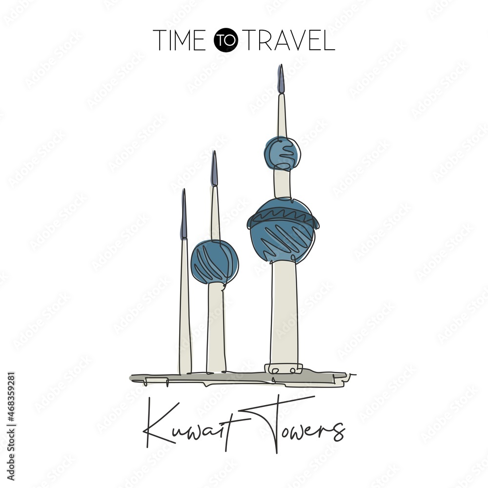 One continuous line drawing Kuwait Towers landmark. Most iconic