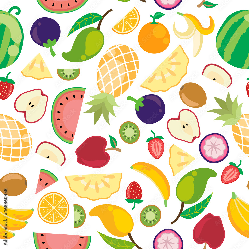 Various colorful and tropical healthy fruits in seamless vector pattern Various colorful and tropical healthy fruits in seamless vector pattern