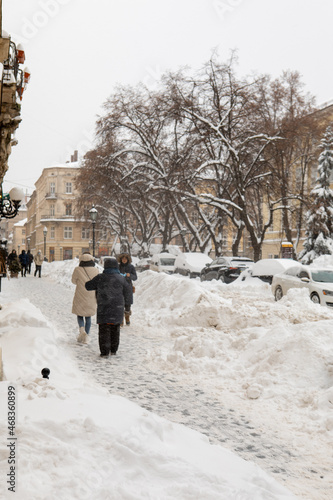 Lviv, Ukraine - February 12, 2021: city streets after snowstorm © phpetrunina14