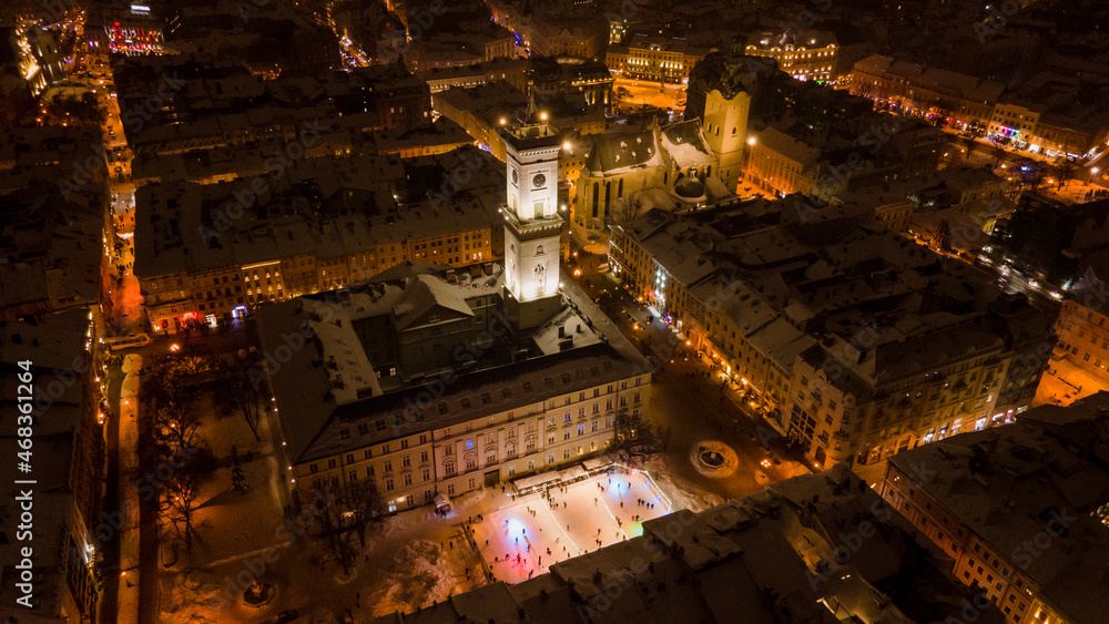 aerial view of night winter lviv city center aerial view of night winter lviv city center