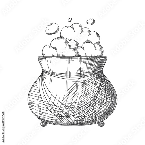 Cauldron with steam, gurgles for Halloween. Halloween witch cauldron. Vector illustration