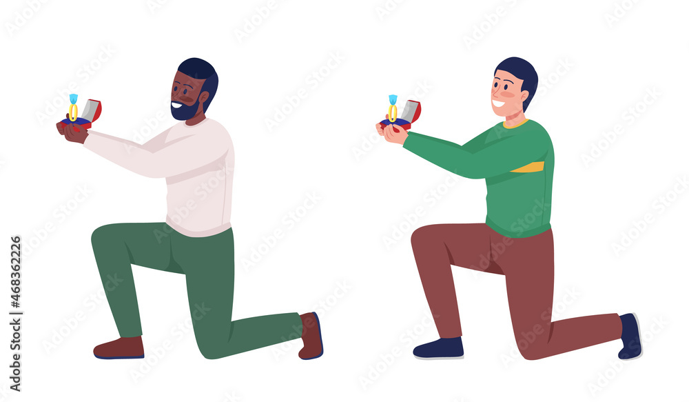 Man asking for marriage semi flat color vector character set. Posing figure. Full body person on white. Sweater weather isolated modern cartoon style illustration for graphic design and animation pack