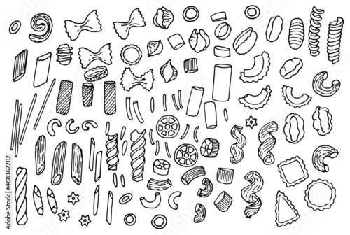 a set of pasta of different types. drawn collection in sketch style, pasta, different shapes, isolated black outline on white for food label design template