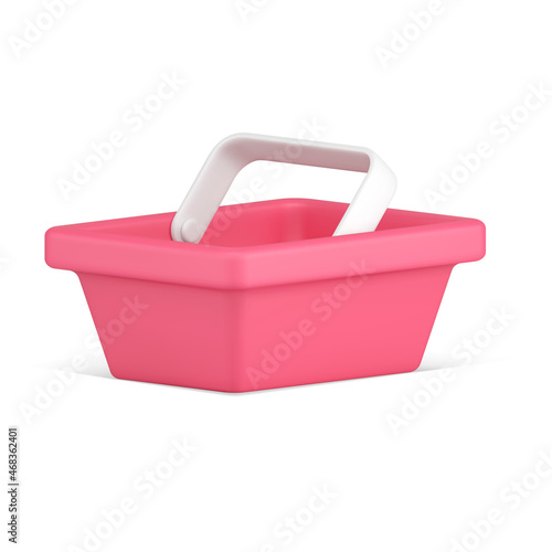 Hypermarket red plastic basket with handle carrying purchase 3d icon vector illustration