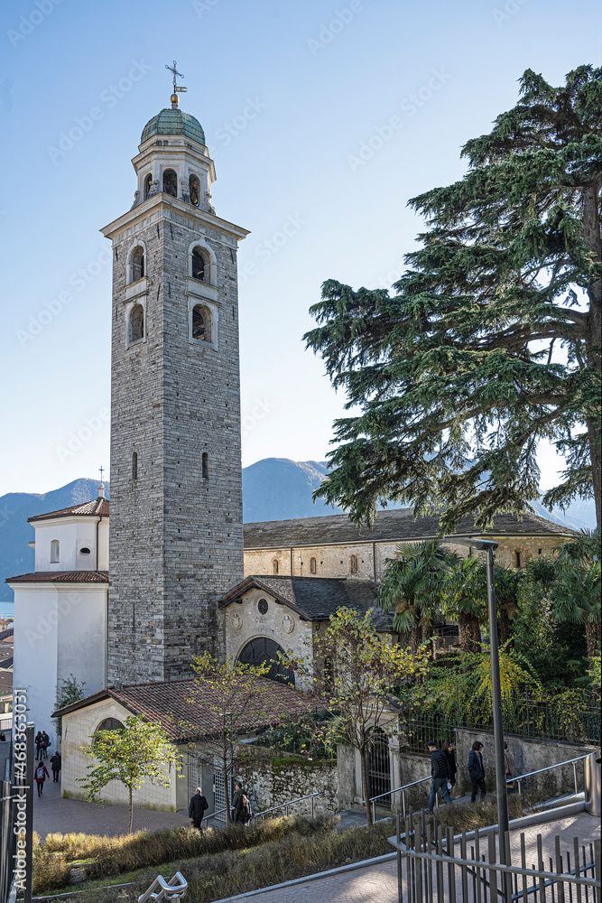 Turm der Kirche San Lorenzo, Lugano, Tessin, Schweiz
