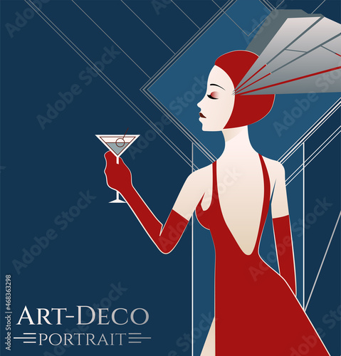 stylized female portrait in art deco style in silver, blue and red colours