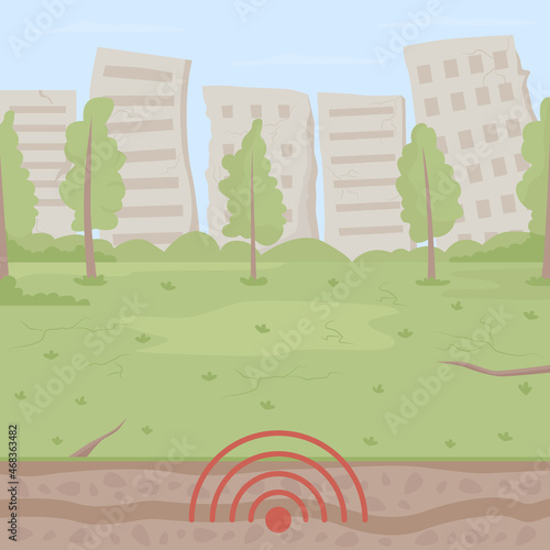 Earthquake activity in urban park flat color vector illustration. Catastrophic situation. Event with potential damage. Ground shaking 2D cartoon cityscape with residential buildings on background