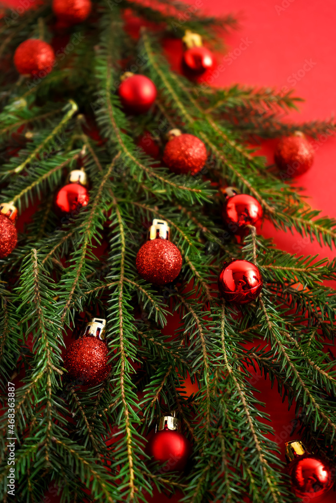 Christmas red and green background. Pine branches, needles and Christmas tree. View from above. Nature. December mood. Red balls decor. Card for new year.