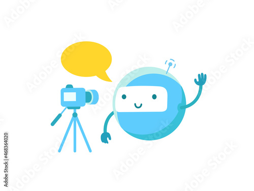 Round robot with a camera. Video blogger. Live Stream. Vector illustration.