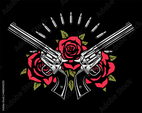Two crossed pistols and roses on a dark background. Vector illustration.