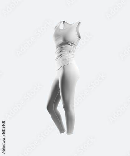 Mockup white tank top, sleeveless T-shirt, leggings, 3D rendering, womens sportswear, no body, isolated on background
