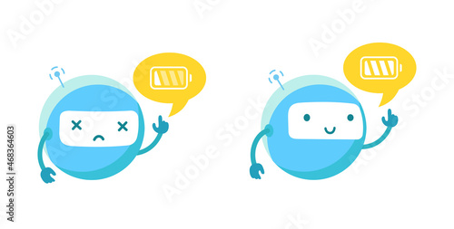 Round robot with a the battery has run out. Full and empty battery icon. Charge indicator. Vector illustration.