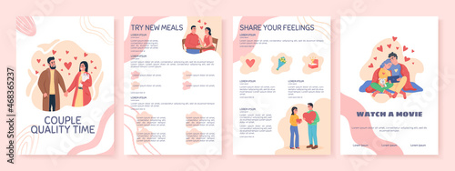Couple quality time flat vector brochure template. Flyer, booklet, printable leaflet design with flat illustrations. Magazine page, cartoon reports, infographic posters with text space