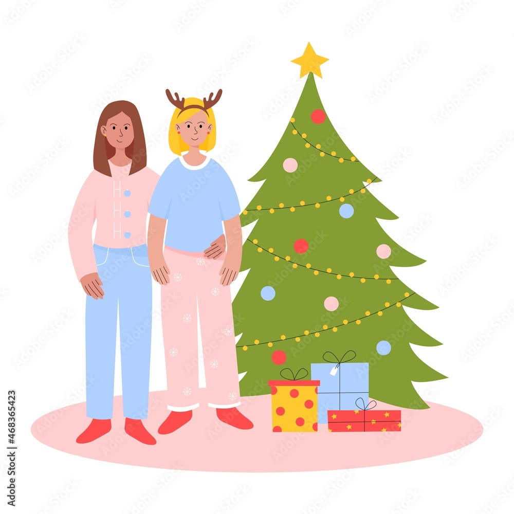 Couple of lesbian girls hug around a decorated Christmas tree and gifts. Concept of LGBTQ Christmas and New Year. Vector illustration in flat style. Couple of lesbian girls hug around a decorated Christmas tree and gifts. Concept of LGBTQ Christmas and New Year. Vector illustration in flat style.