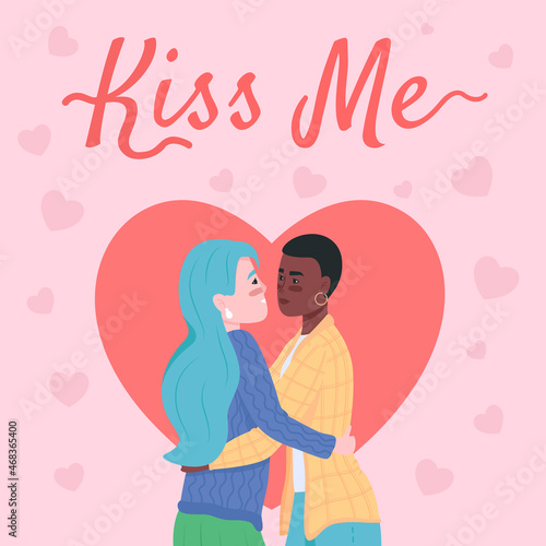 Romantic relationship social media post mockup. Kiss me phrase. Web banner design template. Couple in love booster, content layout with inscription. Poster, print ads and flat illustration