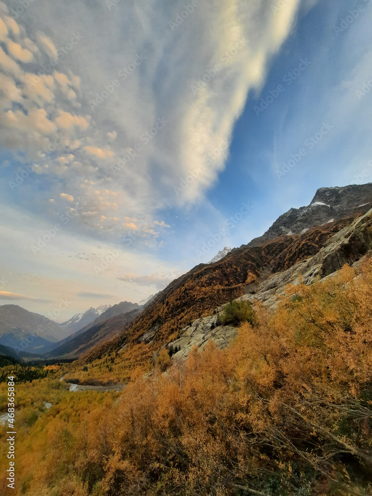 Bright autumn in the Caucasus Mountain Valley, Russia