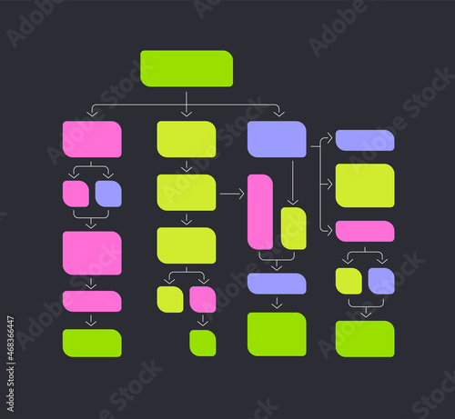 Kanban Project Management methodology flowchart template, on dark board. Trendy vector flat colorful stickers