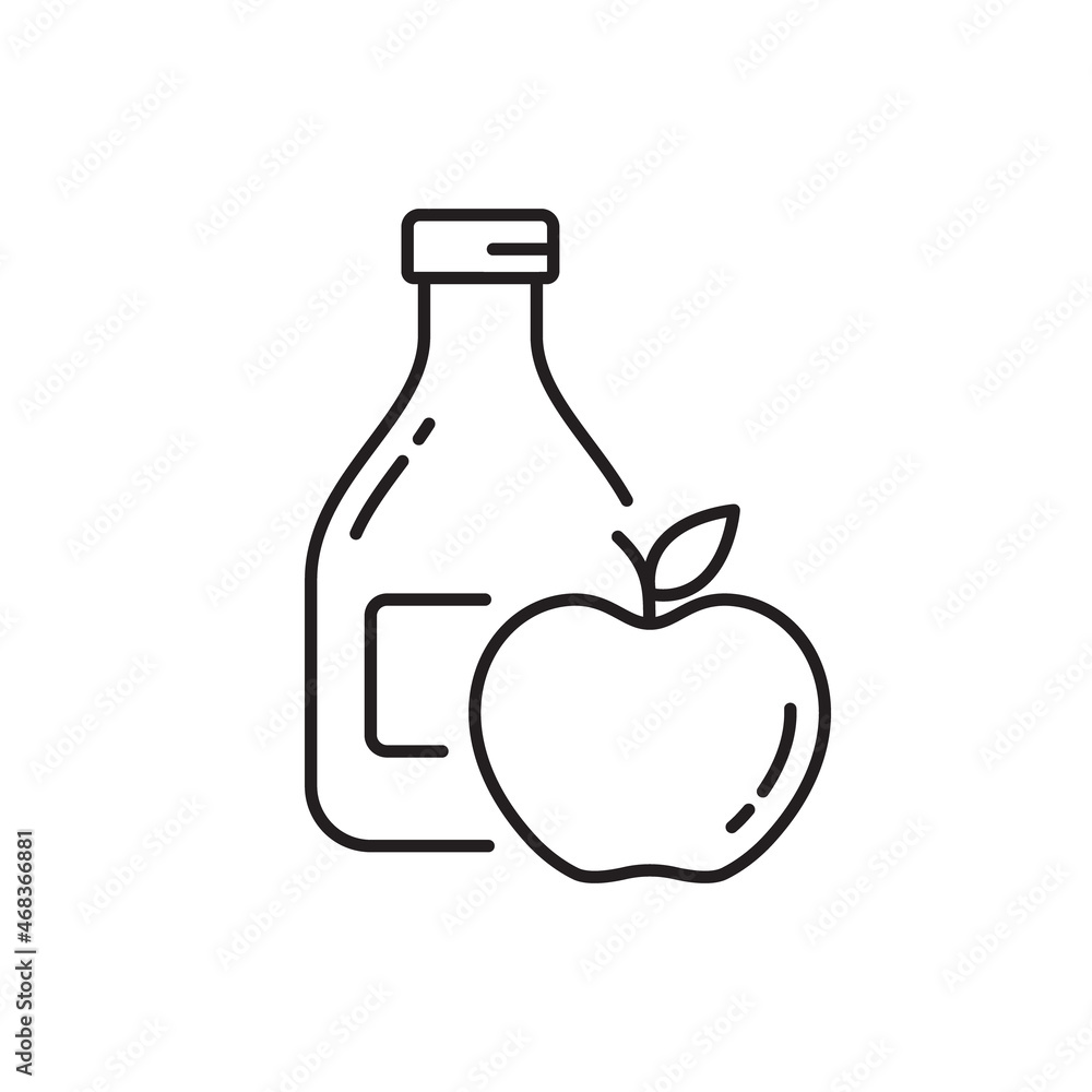 Apple vinegar or cider linear icon. Outline simple vector of bottle with fruit. Contour isolated pictogram on white background Apple vinegar or cider linear icon. Outline simple vector of bottle with fruit. Contour isolated pictogram on white background