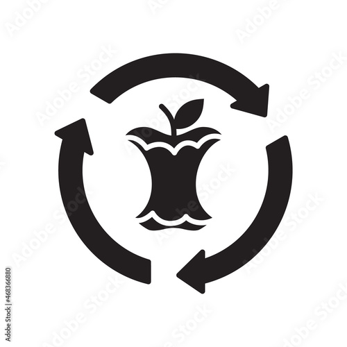 Compost silhouette icon. Symbol of organic waste. Black simple vector of apple core in circular arrow. Contour isolated pictogram on white background