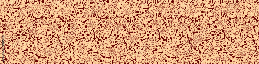 Vector seamless pattern of star anise, carnation, pepper in doodle style. Background or texture of seasonings, food additive, spices Vector seamless pattern of star anise, carnation, pepper in doodle style. Background or texture of seasonings, food additive, spices