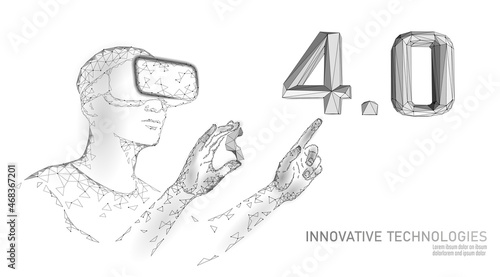 Low poly future industrial revolution concept. Industry 4.0 number assembled VR helmet glasses. Online augmented reality industry management. 3D polygonal innovation system vector illustration