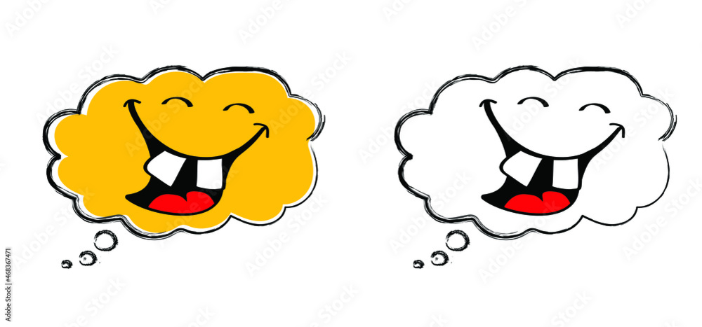 Cartoon speed, speech bubble bubble with happy smile. Big happiness with thoughts or tongue and Laughter lip. Emoji, emotion face symbol. Vector smiling laugh cartoon pattern Lol laughing