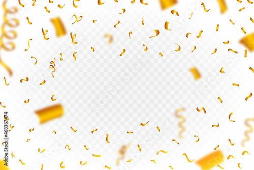 Golden confetti frame vector background. Realistic golden ribbon and confetti explosion illustration. Golden confetti isolated on transparent background. Festival elements. Birthday party celebration.