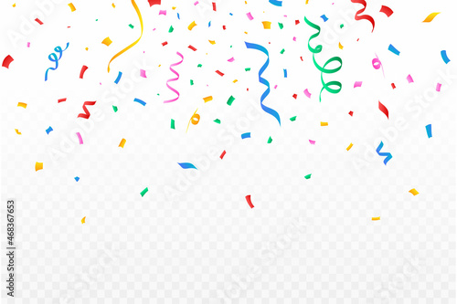 Confetti illustration for the festival background. Colorful party ribbon and confetti falling. Golden confetti isolated on transparent background. Carnival elements. Birthday celebration.