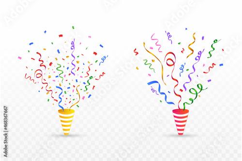 Confetti illustration for the festival background. Colorful party cap with ribbon and confetti falling. multicolor confetti isolated on transparent background. Carnival elements. Birthday celebration.