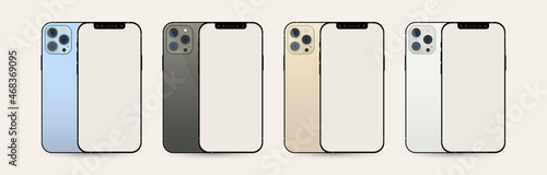iPhone mobile set vector with colorful frames and a triple camera. Mobile phone backside and front side view with blank screens. Realistic cell phone, frame, triple camera, mobile.
