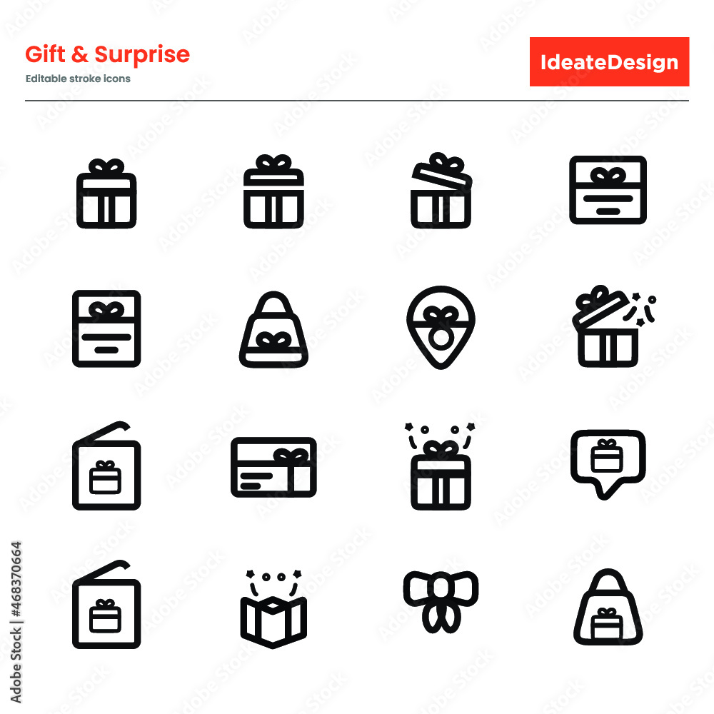 Vector set of gift line icons. Contains icons of box, bow, surprise, certificate, gift card and more. Pixel perfect, scalable 24, 48, 96 pixels.
