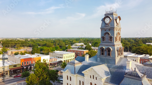 Close-up aerial view Clock Tower on Hood County Courthouse in Historic Granbury Square, Texas, USA