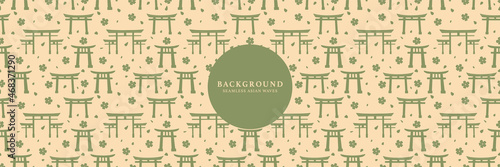 Japanese repeat torii gate pattern texture background. Seamless abstract traditional asian torii gate background in asian oriental style. Geometric green vector paper japanese gates pattern print.