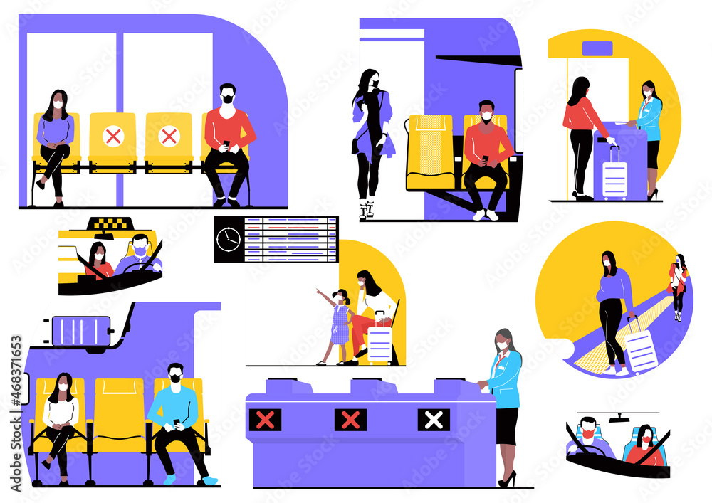 Masked transit concept. Set of illustrations with people wearing protective masks while traveling. Limited color flat vector. Masked transit concept. Set of illustrations with people wearing protective masks while traveling. Limited color flat vector.