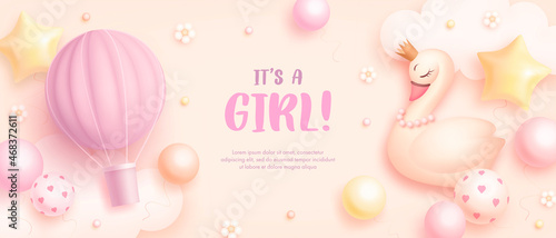 Baby shower horizontal banner with cartoon swan, hot air balloon, helium balloons and flowers on beige background. It's a girl. Vector illustration