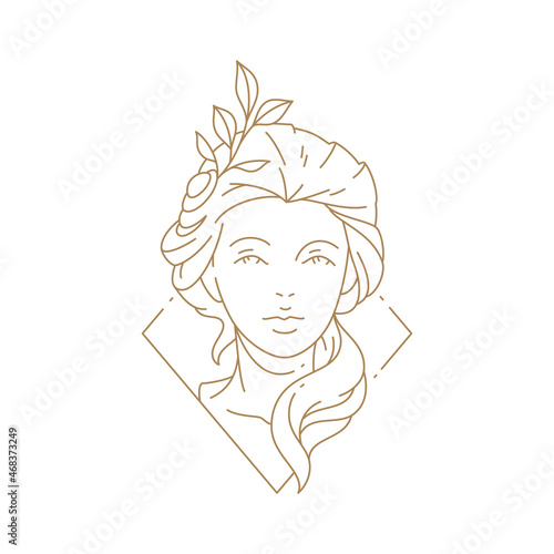 Monochrome simple bust portrait antique woman Greek goddess in hand drawn rhombus frame