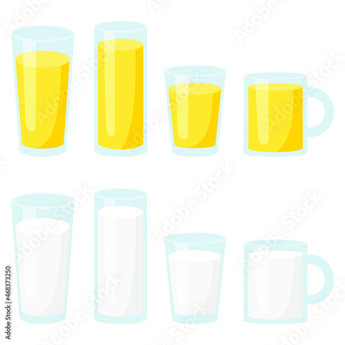 vector illustration of milk and orange juice in containers of various shapes. isolated on white background