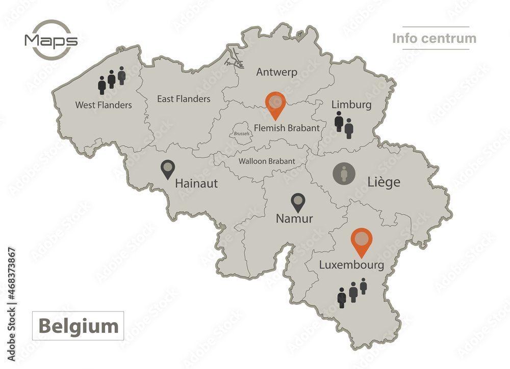 Belgium map, individual regions with names, Infographics and icons vector
