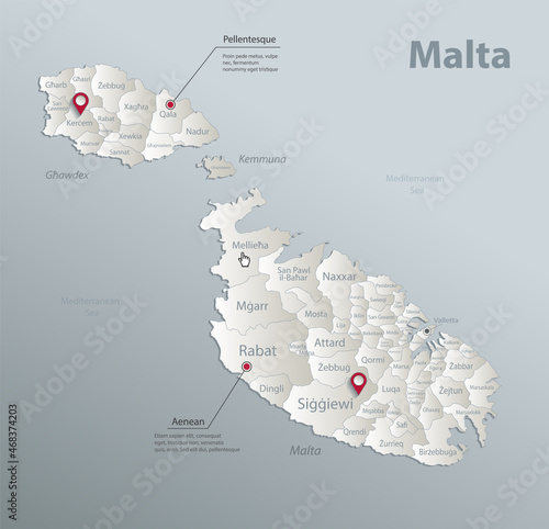 Malta map, administrative division with names, blue white card paper 3D vector