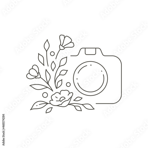 Decorative simple monochrome design of beauty blog with photo camera and flower botanic decor logo