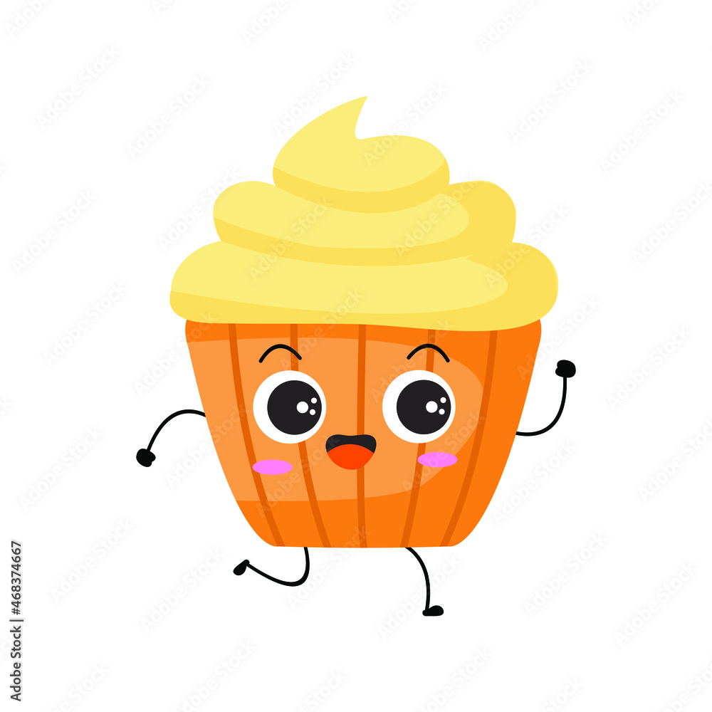 Vector illustration of muffin character with funny expression. Cupcakes. cartoon monster isolated on white background, simple minimal style, for mascot or emoticon collection. enjoy walking Vector illustration of muffin character with funny expression. Cupcakes. cartoon monster isolated on white background, simple minimal style, for mascot or emoticon collection. enjoy walking