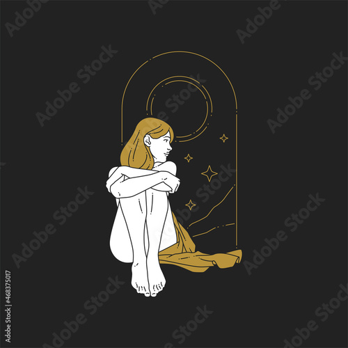 Pensive esoteric woman antique underwear dress sitting with naked body at space stars abstract frame