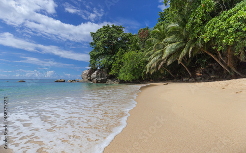 Sunny tropical beach view with palm trees, white sands and turquoise water, during hot summer vacation day on Seychelles island.