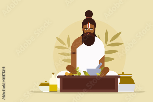 Illustration of an ancient Ayurveda parcticioner with herbal ingredients photo