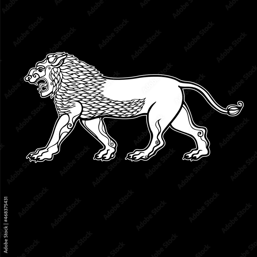 Fototapeta premium Cartoon drawing: growling lion, a character in Assyrian mythology. White Vector illustration isolated on a black background.