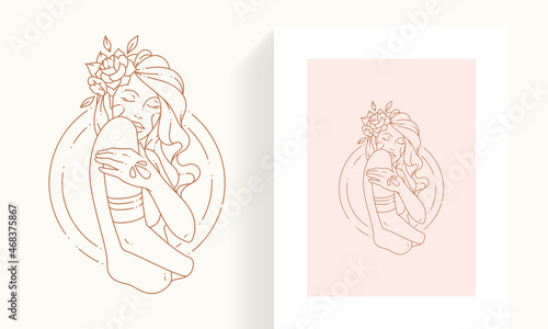 Elegant female with blossom flower hair posing with closed eyes in circle frame line art icon card